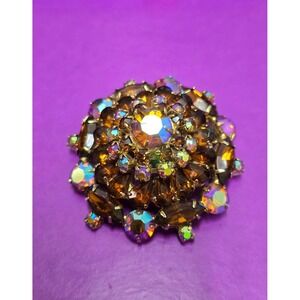 Vintage Rhinestone Aurora Borealis Brooch Amber Brown Gold Tone